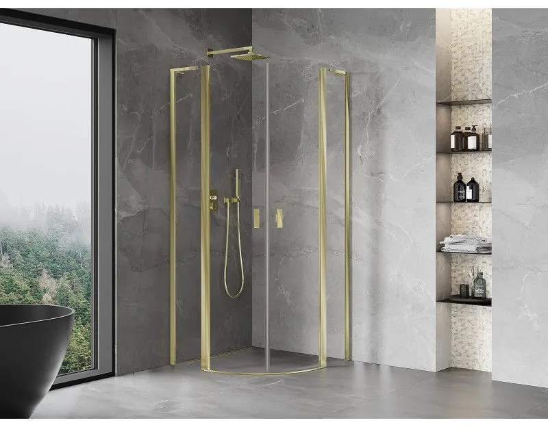 Mexen Mist L, štvrťkruhový sprchový kút s 2-krídlovými dverami, 90 x 90 cm, 8mm číre sklo, zlatý lesklý profil, 8A32L-090-090-50-00