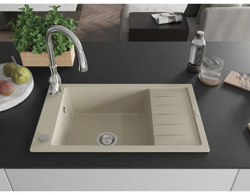 Mexen Elias, 1-komorový granitový drez 795x480x200 mm a drezová batéria Savita, béžová, 6511-69-672601-00