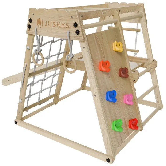 Detské vnútorné drevené ihrisko so šmykľavkou, lezeckou sten