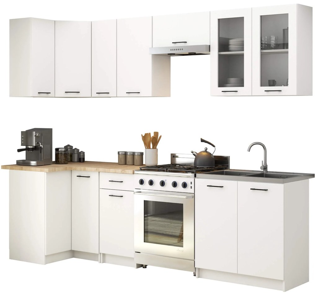 Kuchyňská rohová linka Olivie 3 m H720 prosklená bílá/dub sonoma