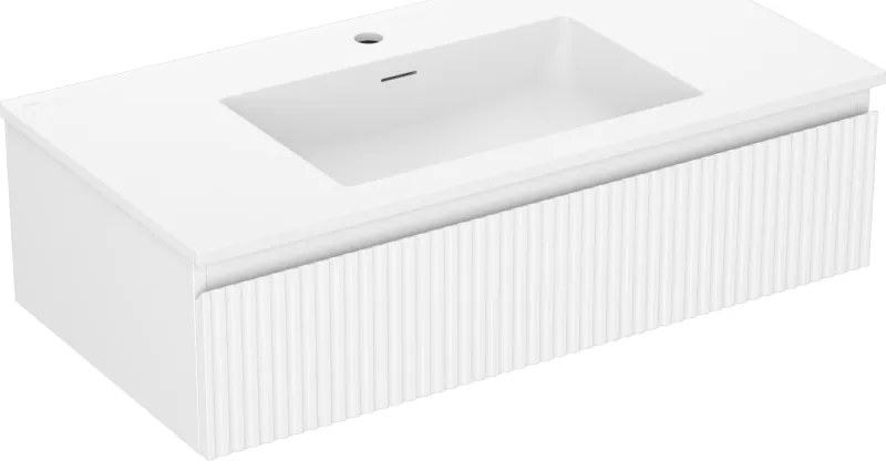 Mexen Rivel, kúpeľňová skrinka 90 cm s umývadlom Otis, 1 zásuvka, drážkovaná, biela matná, 91A20-09023-1-BF01-W18M01