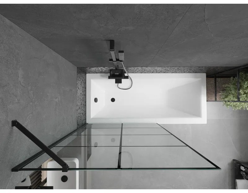 Mexen Next, vaňová zástena 1-krídlová 100 x 150 cm, fixné krídlo, 6 mm číre sklo s čiernym vzorom, čierny profil, 895-100-000-00-77-70