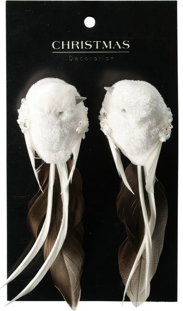 Set vianočných ozdôb Vtáčik, biela, 14x4x4 cm, s klipom, SET 2 KS