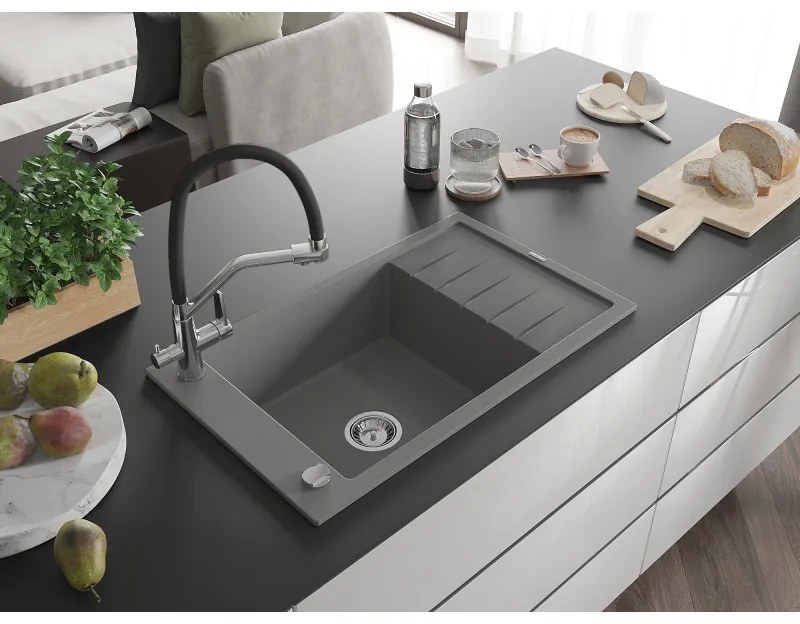 Mexen Elias, 1-komorový granitový drez 795x480x200 mm a drezová batéria Duo, šedá, 6511-71-671701-07