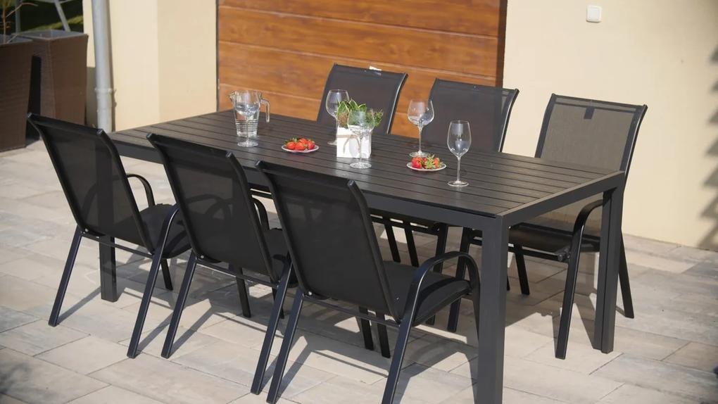 TEXIM VIKING XL - záhradný jedálenský stôl + 6x stolička RAMADA, hliník + umelé drevo / oceľ + textil