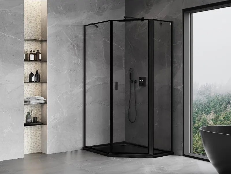 Mexen Mist, päťuholníkový sprchový kút, pravý 80 x 90 cm, číre sklo-čierny rám, 8A8-080-090-70-70-P