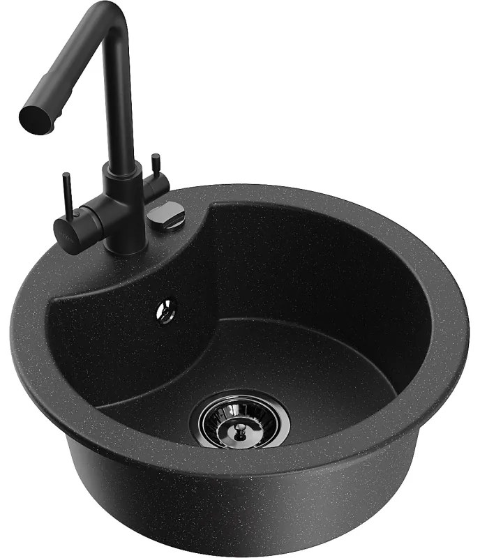 Mexen Diego, 1-komorový granitový drez 488x488x167 mm, čierna batéria Duero, čierna - strieborná metalíza, 6512-73-671600-70-B