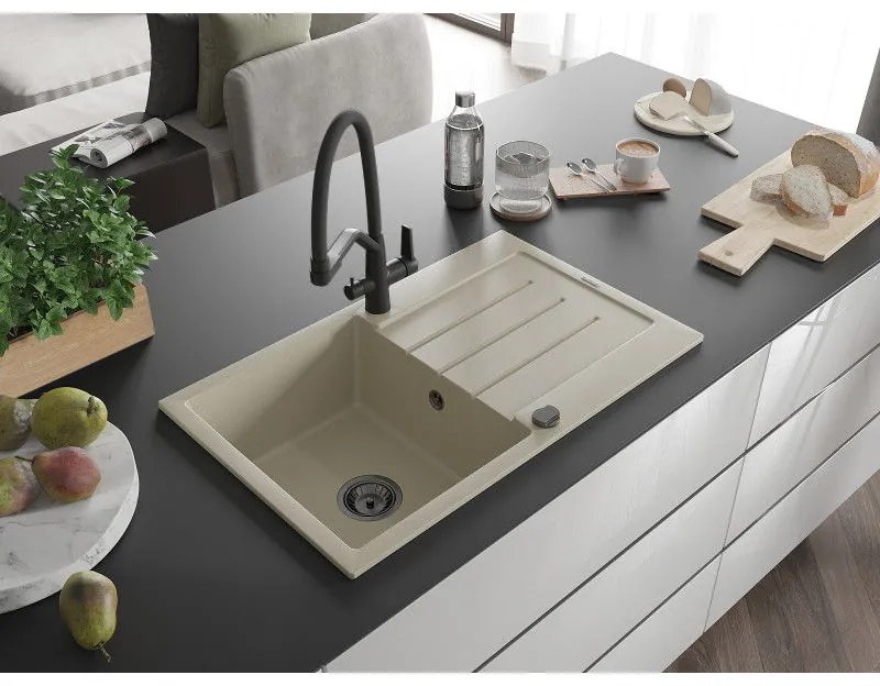 Mexen Bruno, 1-komorový granitový drez 795x495x200 mm a drezová batéria Duo, béžová, 6513-69-671701-70-B