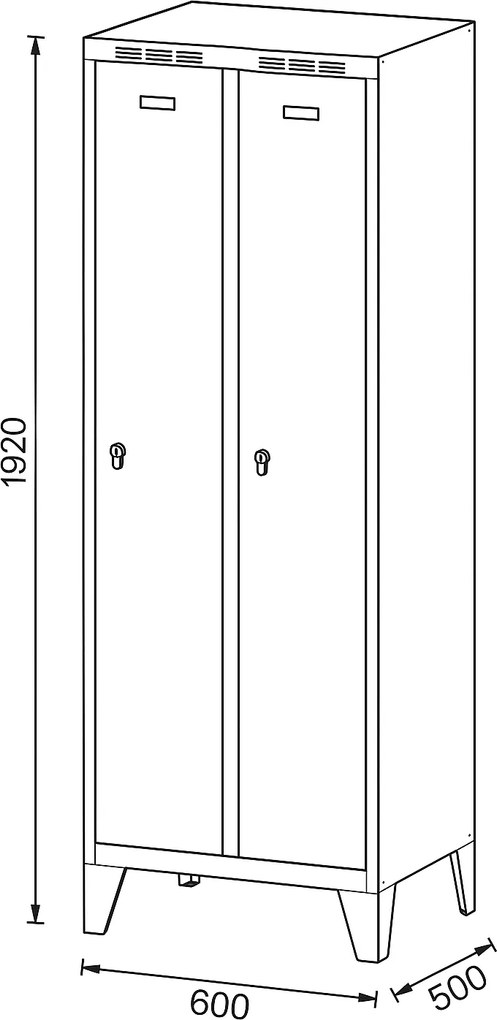 Kovová šatníková skrinka S7 na nohách, 2-dverová, 1904 x 600 x 500 mm, otočný zámok, modré dvere