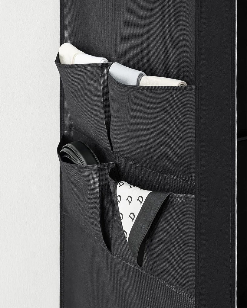 Šatník, prenosná modulárna skriňa, 4 bočné vrecká, čierna