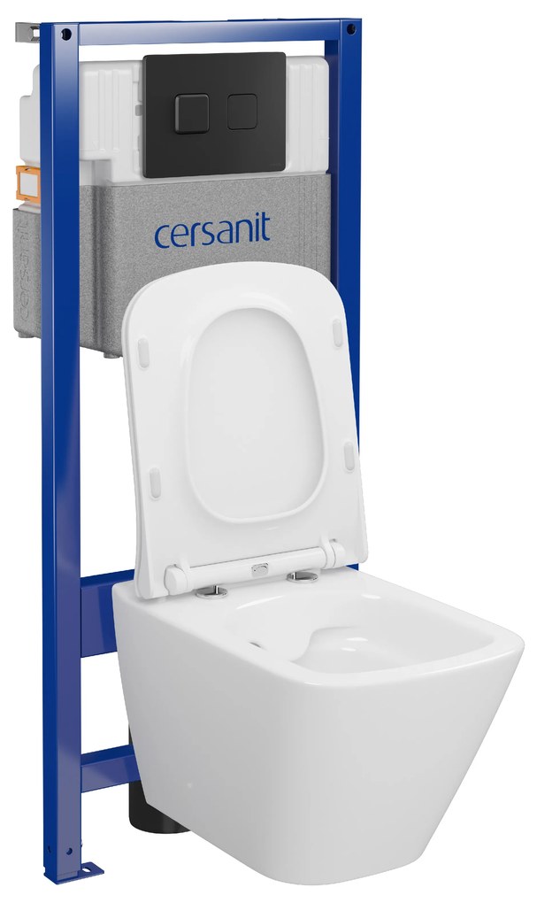 Cersanit City, System50 PNEU podomietkový rám + závesná wc misa City Square CleanOn + čierne tlačidlo Circle, S701-777