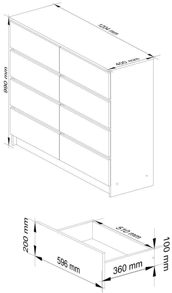 Komoda Kuba 120 cm 8 zásuviek biela/čierna