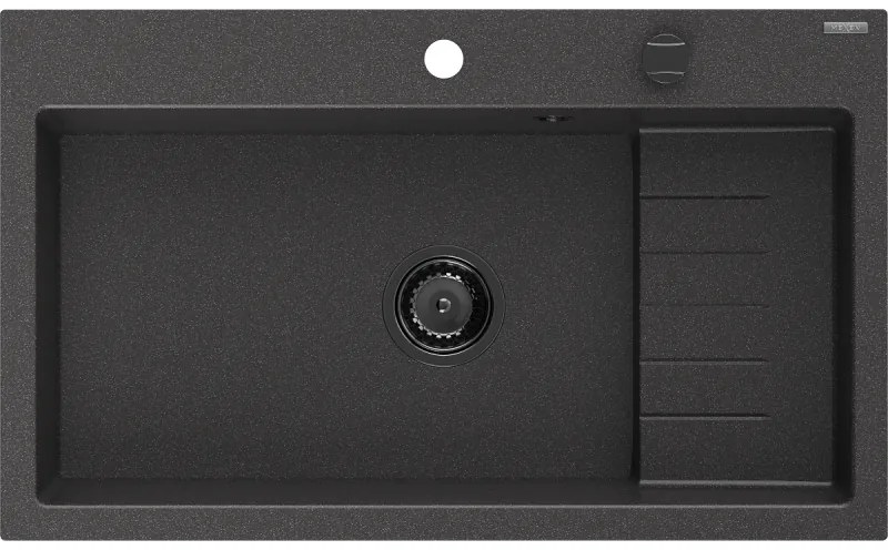 Mexen Omar, 1-komorový granitový drez 800x480x210 mm, čierna škvrnitá, grafitový sifón, 6520801005-76-B