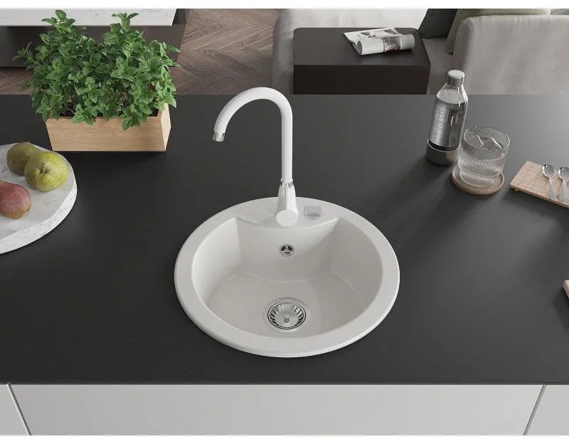 Mexen Diego, 1-komorový granitový drez 49x49 cm a kuchynská batéria Telma, biela, 6512-20-670200-20