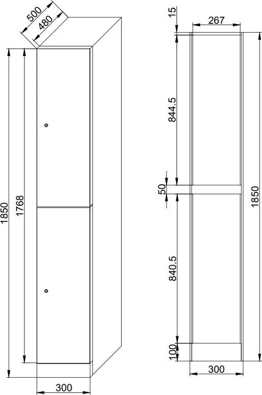 Šatníková skrinka S1 s úložnými boxmi, 2 boxy, 1850 x 300 x 500 mm, cylindrický zámok, laminované dvere, biela