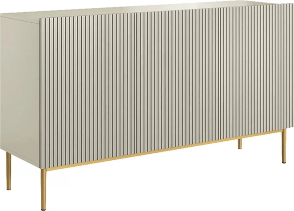 Komoda Nicole 150 cm trojdverová s ryhovaným čelom - kašmír / zlaté nohy