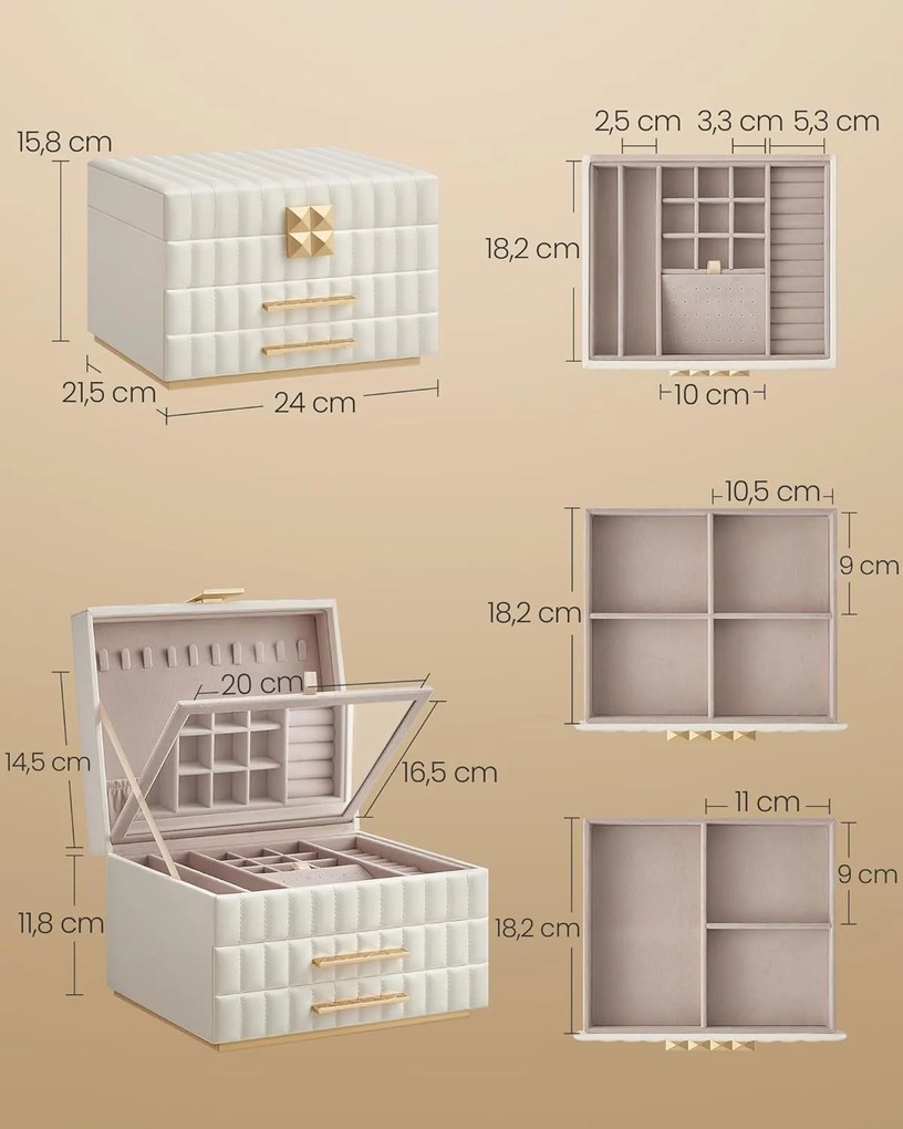 Šperkovnica so zrkadlom 3 úrovne, úložný priestor na šperky 2 zásuvky, biela