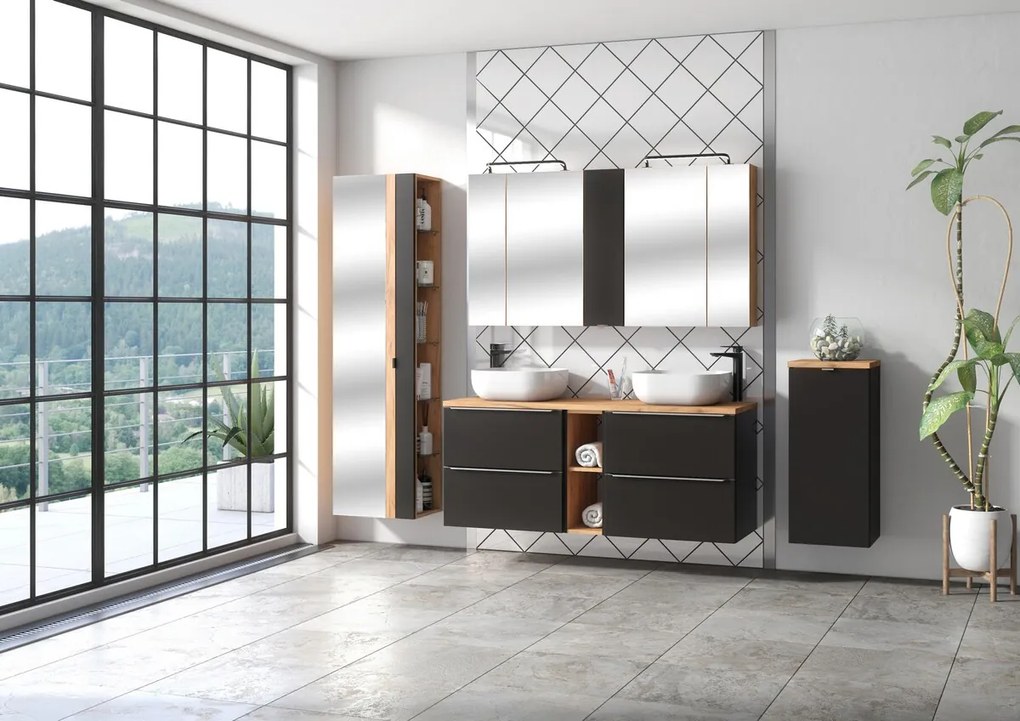 Závesná kúpeľňová skrinka Capri 830 1D čierny mat/dub kraft zlatý