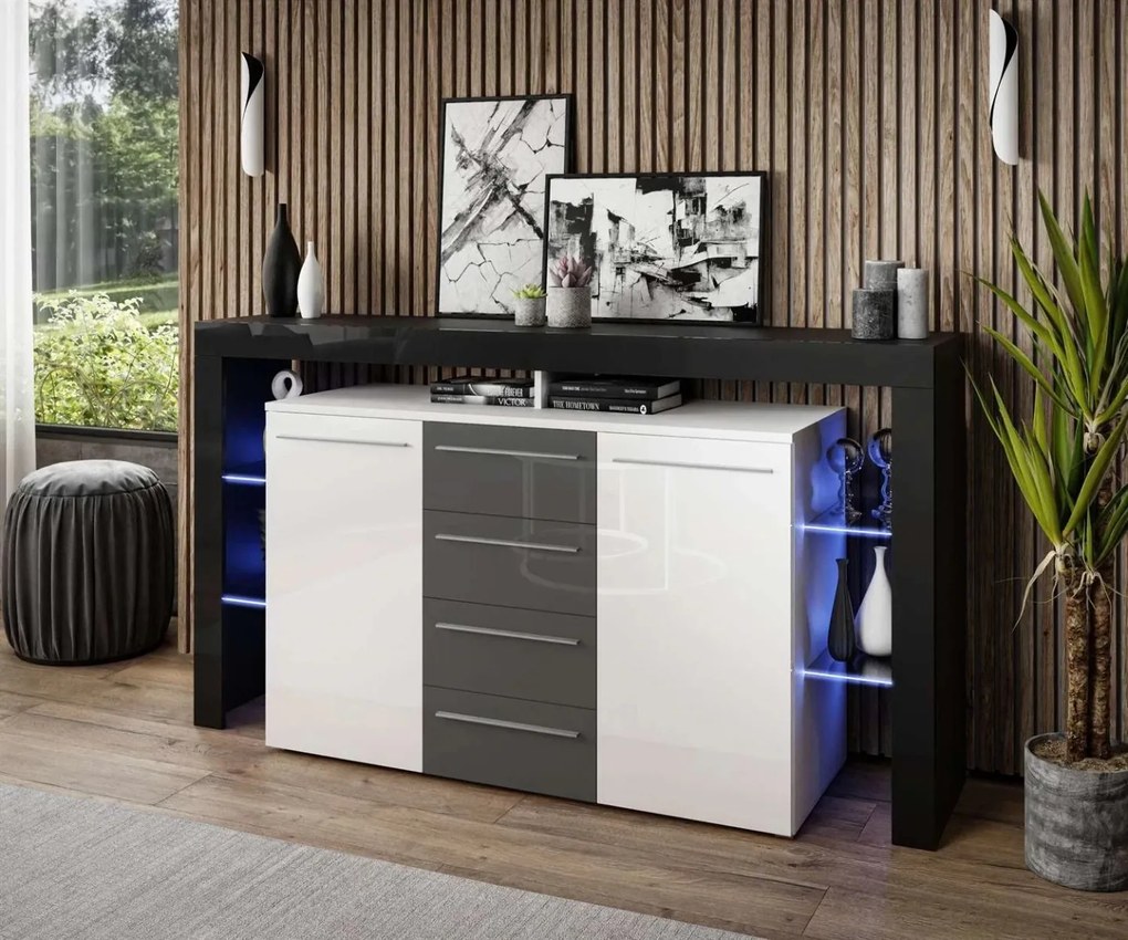 KOMODA ELIS LED ČIERNO BIELA ŠEDÉ ZÁSUVKY VYSOKÝ LESK 170 cm