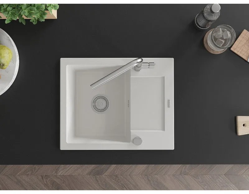 Mexen Enzo, 1-komorový granitový drez 576x465x174 mm a drezová batéria Flora, biela, 6506-20-670401-00