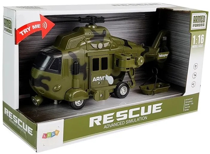 LEAN TOYS Helikoptéra 1:16 na batérie s hákom - vojenská, zelená