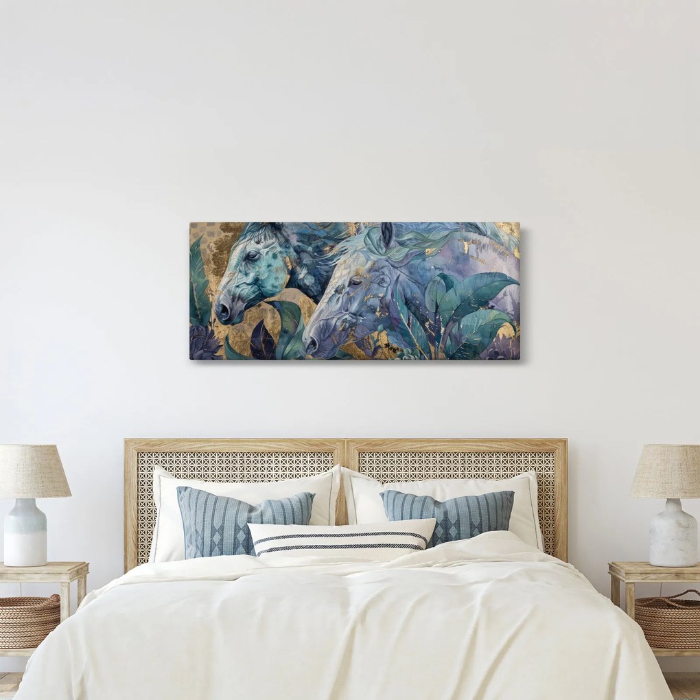 Obraz - Kone so zlatým pozadím (120x50 cm)