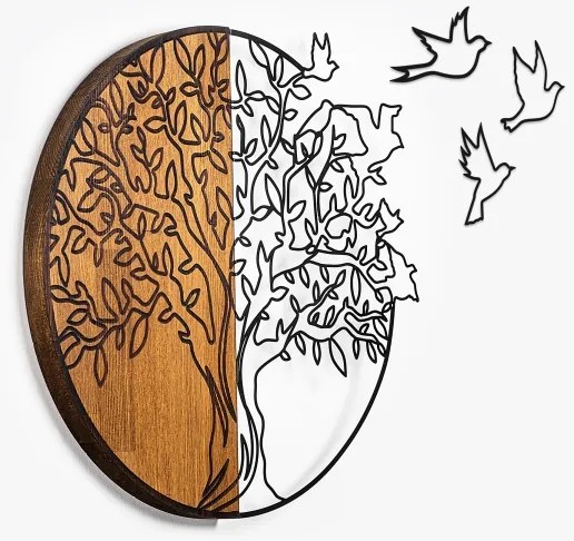 Nástenná dekorácia 60x56 cm strom a vtáci drevo/kov