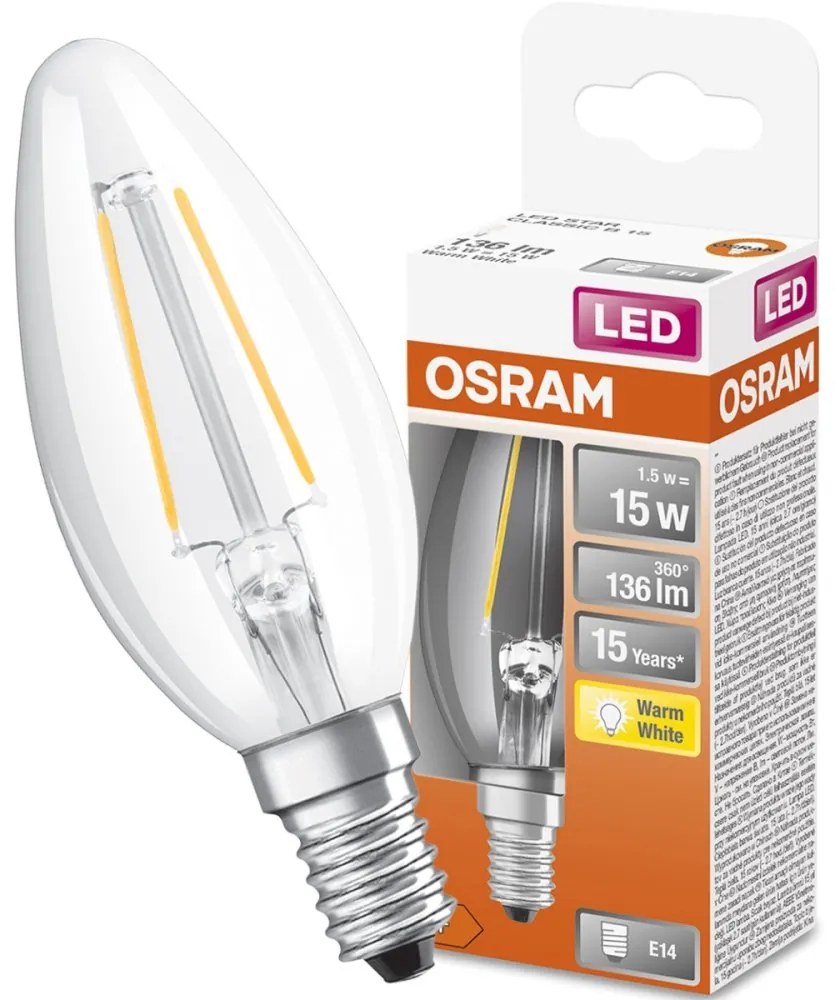 LED žiarovka E14 B35 CL 1,5W = 15W 136lm 2700K Warm 300° Filament OSRAM STAR