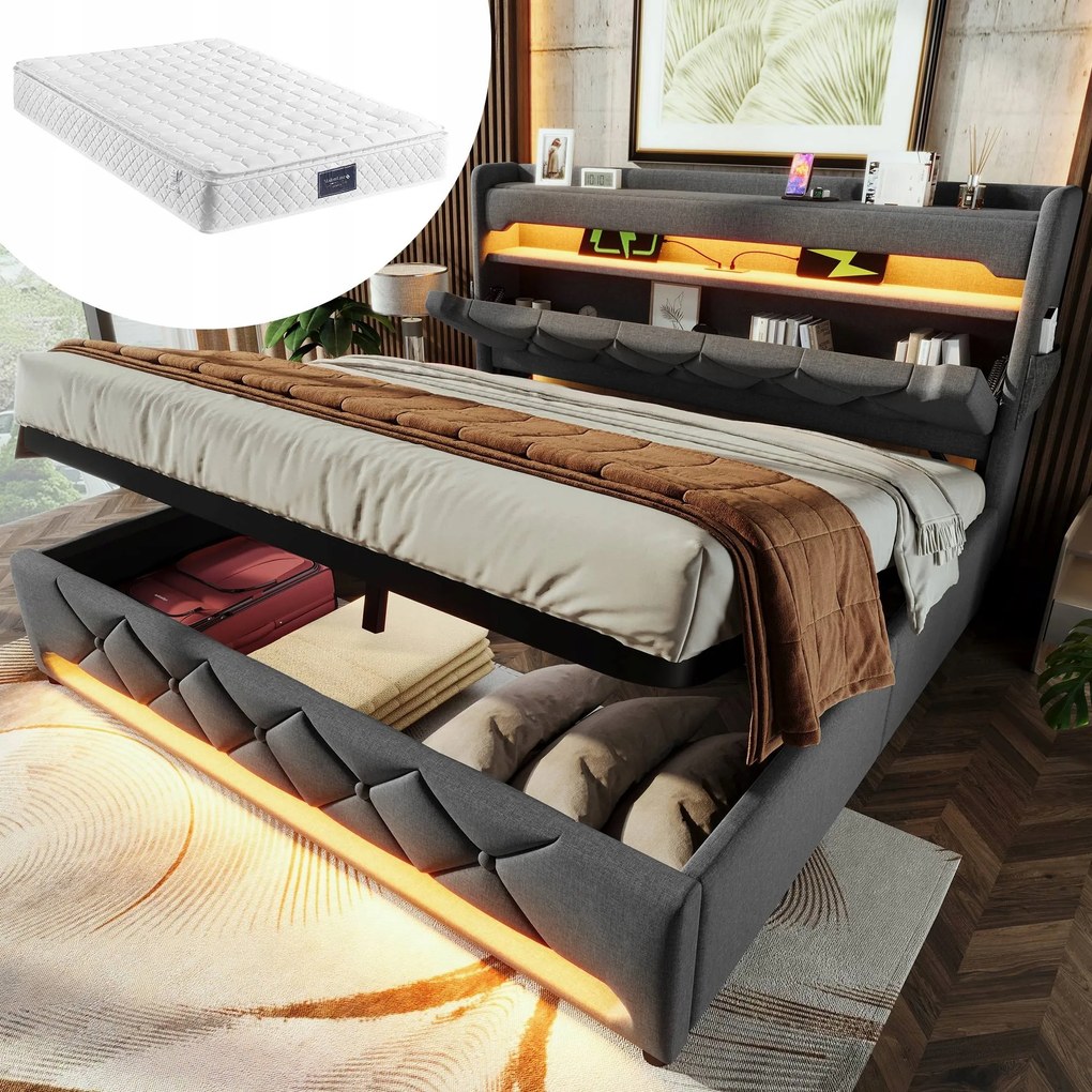 Čalúnená posteľ Led dvojlôžková 140x200 cm Usb C šedá matrac