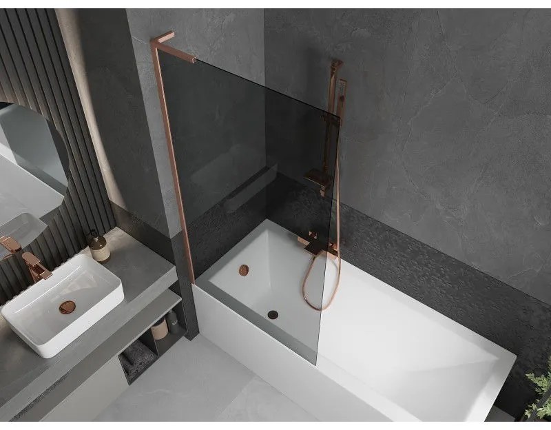 Mexen Next L, 1-krídlová vaňová zástena 90 x 150 cm, 6mm šedé sklo, medený profil, 895-090-000-03-40-65