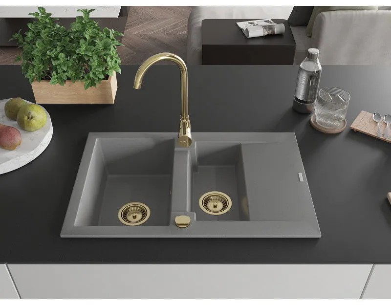 Mexen Gaspar, granitový drez 737x475x177 mm, 1,5-komorový a zlatá batéria Telma, šedá, 6507-71-670200-50