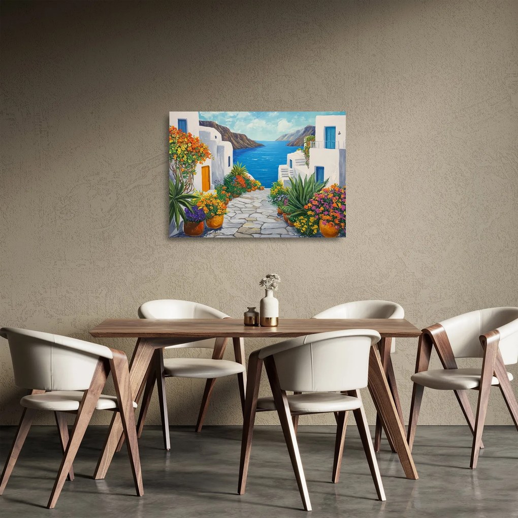 Sklenený obraz - Grécka ulička (70x50 cm)