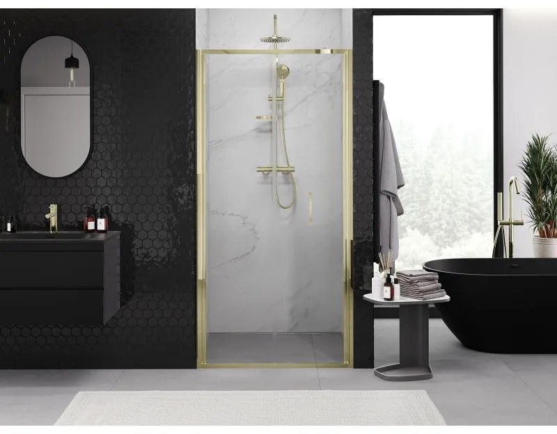 Mexen Exo, skladacie sprchové dvere 85 cm, číre sklo, zlatá, 816-085-000-50-00