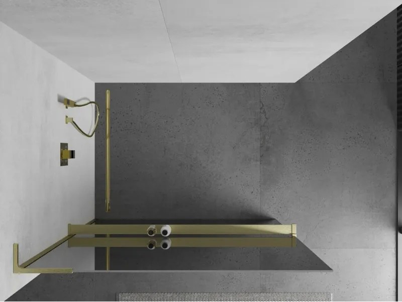 Mexen Kioto+ L, sprchová zástena Walk-In s poličkou a vešiakom 70 x 200 cm, 8mm sklo vzor zrkadlo, zlatý matný profil, 800-070-123-55-50