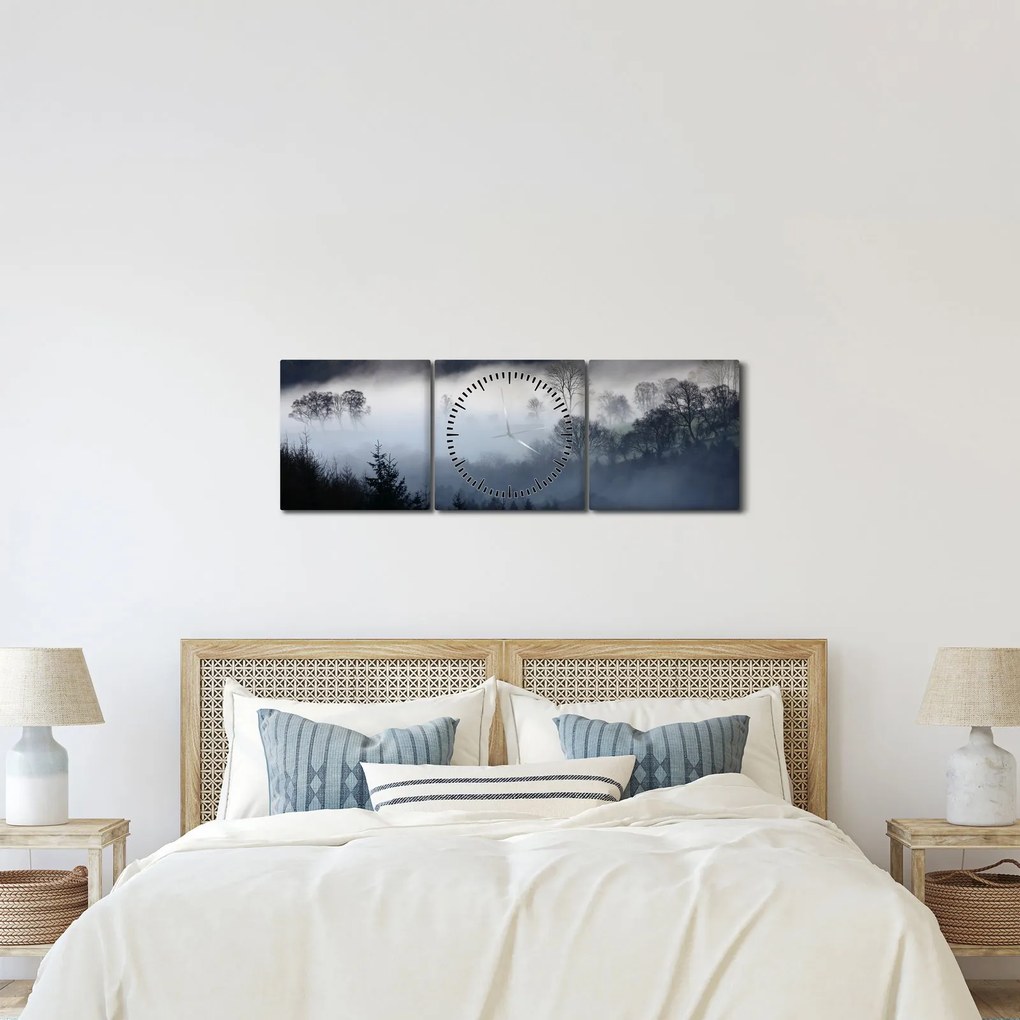 Obraz hmly nad lesom (s hodinami) (90x30 cm)