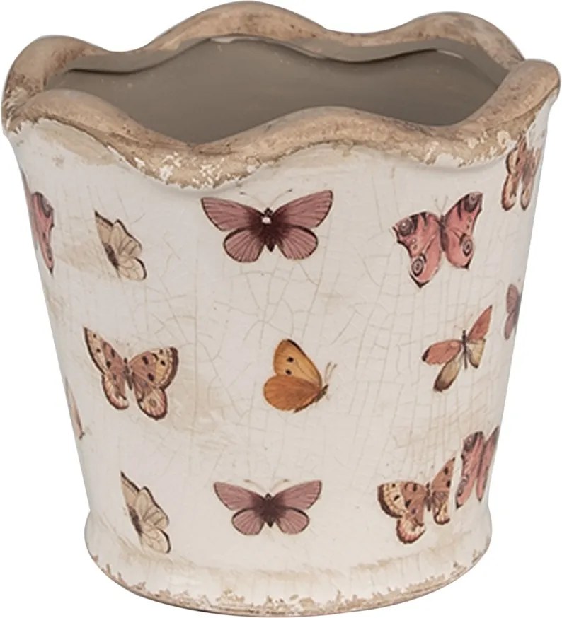 Béžový antik obal na kvetináč s motýlikmi Butterfly Paradise S - Ø 13*12 cm