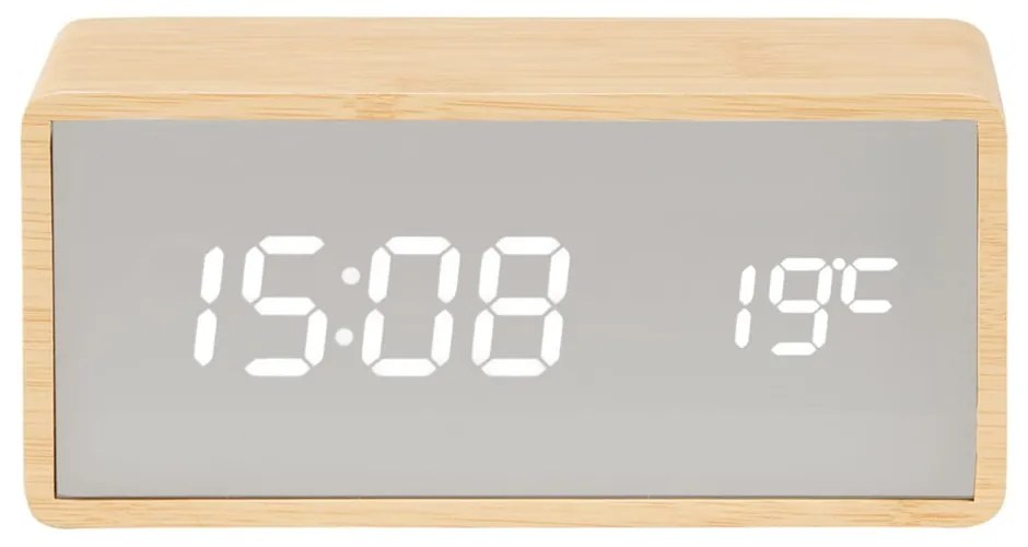 LED budík v striebornej farbe a dekore svetlého dreva Karlsson Mirror