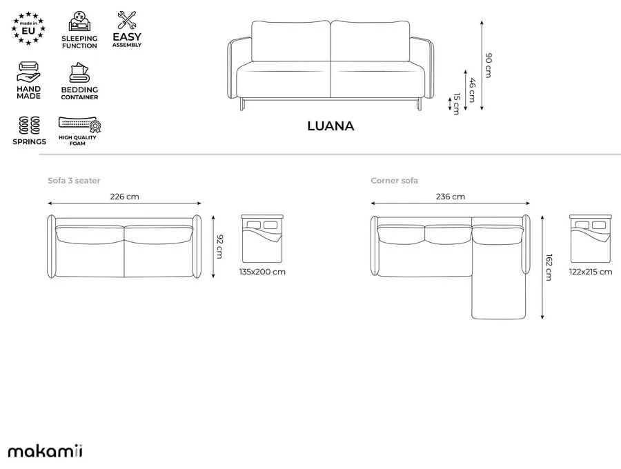Modrá rozkladacia/s úložným priestorom pohovka 226 cm Luana – Makamii