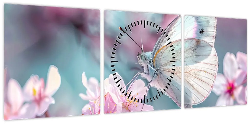 Obraz - Motýľ na čerešni (s hodinami) (90x30 cm)