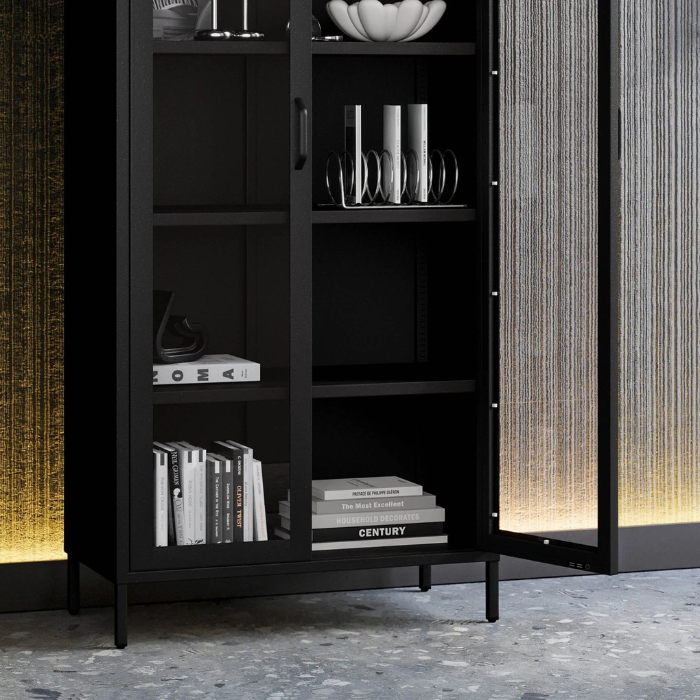 Sklenená vitrína ANGELO do obývačky – kovová, čierna, 800 x 1850 x 450 mm