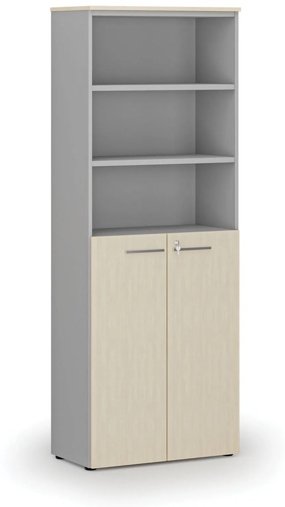 Kombinovaná kancelárska skriňa PRIMO GRAY, dvere na 3 poschodia, 2128 x 800 x 420 mm, sivá/breza