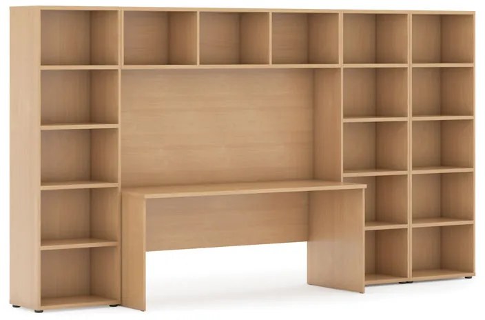 Zostavy knižníc INTEGRO so stolom, nižšie/širšie, 3350 x 700/400 x 1920 mm, buk