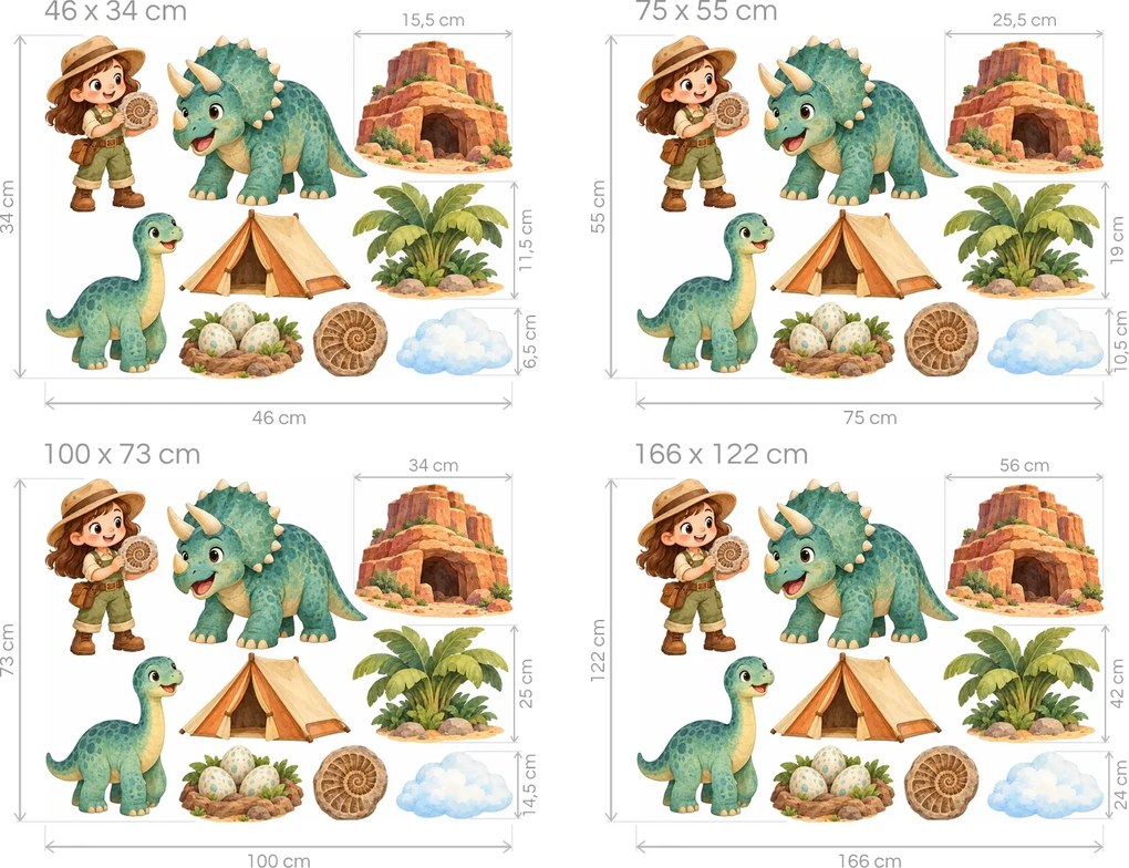 Malá paleontologička a dinosaury dinosauří akvarelové nálepky na stenu pre malé paleontologičky arch 46 x 34 cm