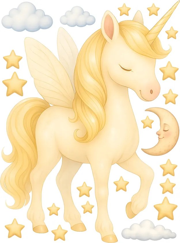 Zlatý jednorožec textilní prelepiteľné nálepky na stenu hárok 34 x 46 cm
