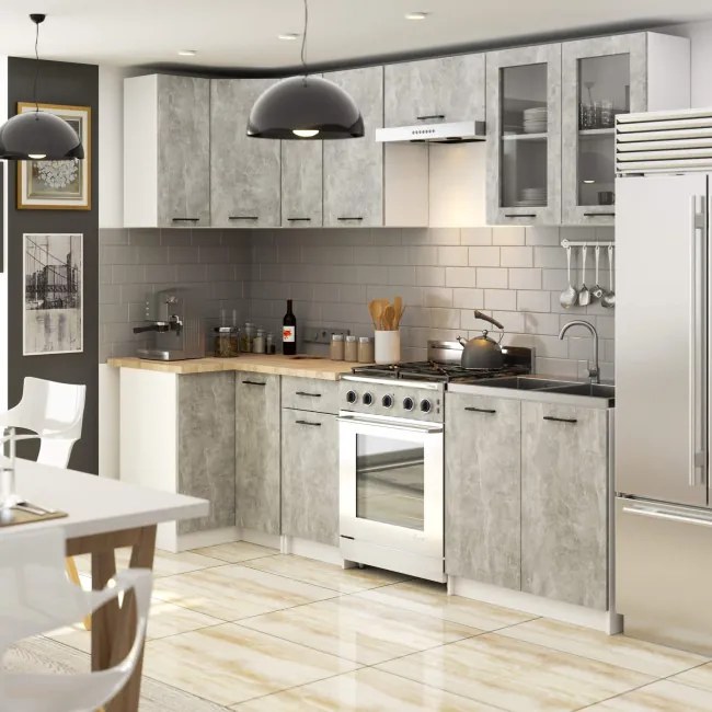 Rohová kuchynská linka OLIVIA H720 3 m s vitrínou betón