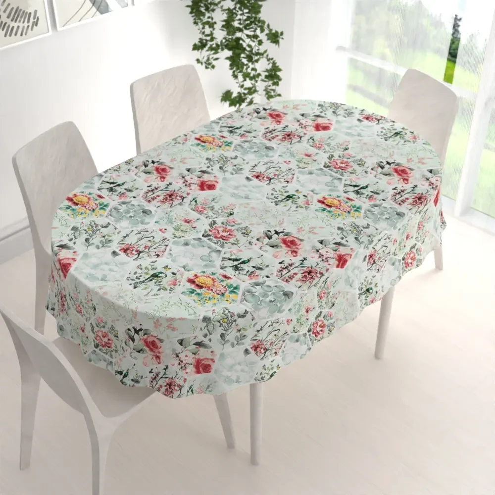 Biante Bavlnený oválny obrus Sandra SA-415 Kvety na mintovom hexagóne 120x180 cm