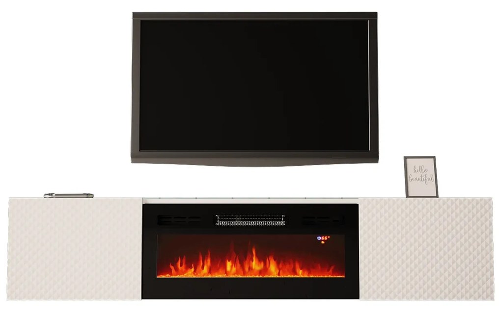Luxusný TV stolík SANDRA závesná biela s elektrickým krbom