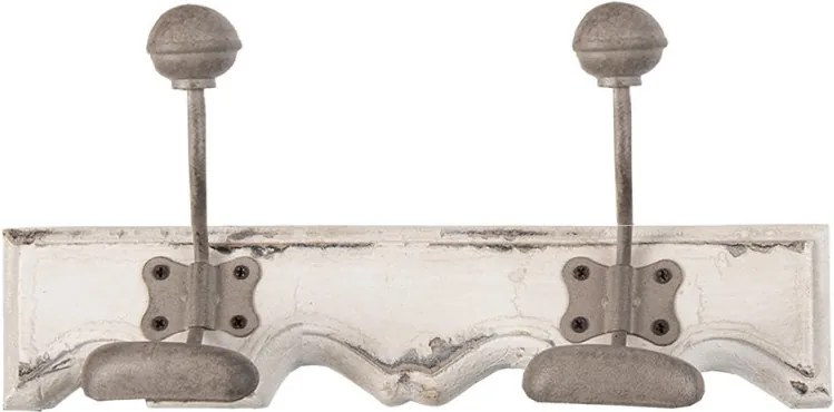 Bielo-sivý antik nástenný vešiak s 2 háčikmi Rustic - 23*6*10 cm