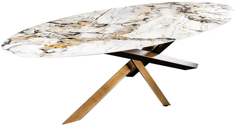 Jedálenský stôl SCULPTURE 280 cm oválny bronzový rám s keramickou doskou, viacfarebný mramorový vzhľad