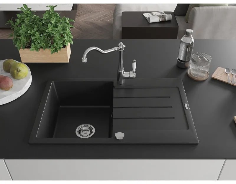 Mexen Bruno, granitový drez 795x495x200 mm, 1-komorový a drezová batéria Carla, čierna, 6513-77-670700-00